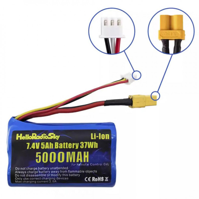 Batterie émetteur Li-ion 2S 7,4V 5000 mAh pour radiocommande V16 HELLORADIOSKY